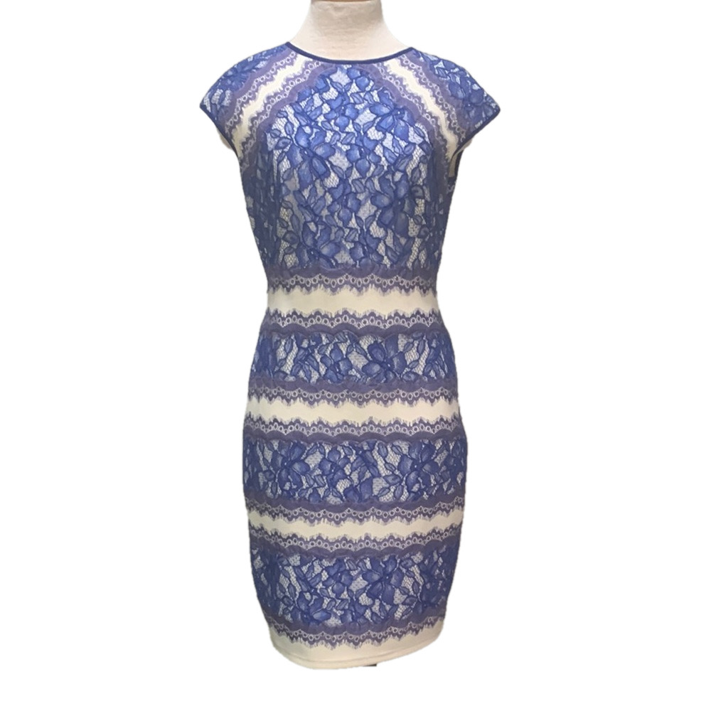 Tadashi Shoji Blue and White Lace Midi Dress